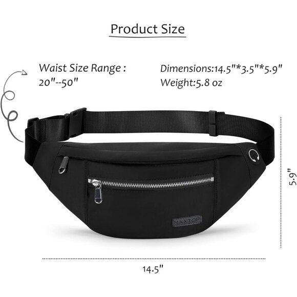 Women Men Black Washed Nylon With Silver Metal Zipper Hands-Free Waist Pack - Picture 5 of 6